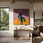 Purple Sky Holds Passage - rider silhouette landscape painting by Ethan Mercer, contemporary Western square wall art – styled room scene view 1