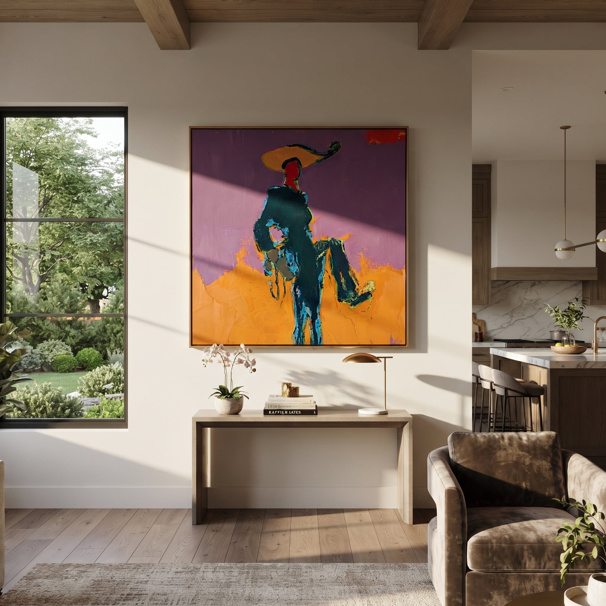 Purple Sky Holds Passage - rider silhouette landscape painting by Ethan Mercer, contemporary Western square wall art – styled room scene view 1