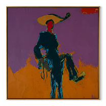 Purple Sky Holds Passage - rider silhouette landscape painting by Ethan Mercer, contemporary Western square wall art – wood frame on white background
