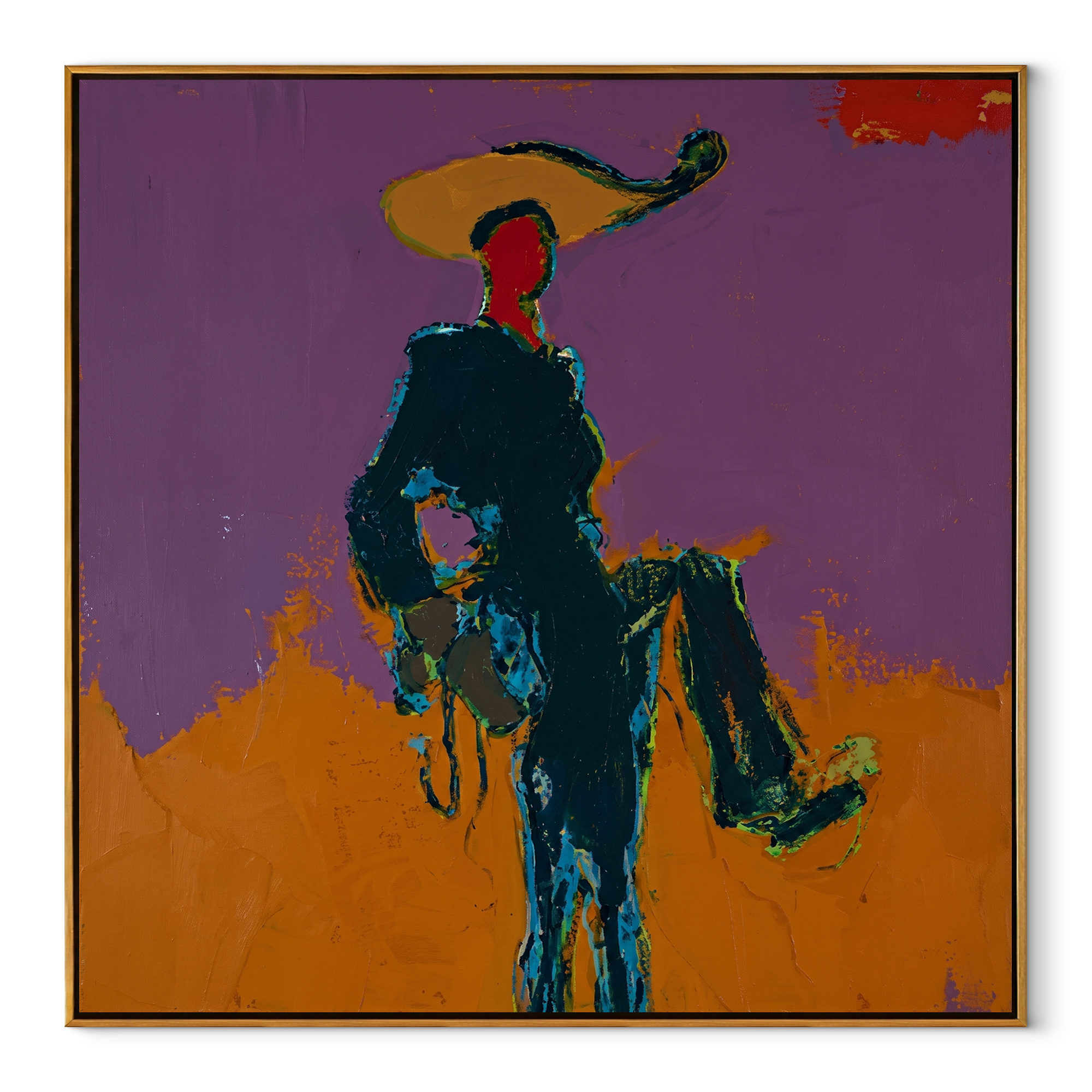 Purple Sky Holds Passage - rider silhouette landscape painting by Ethan Mercer, contemporary Western square wall art – wood frame on white background