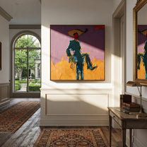 Purple Sky Holds Passage - rider silhouette landscape painting by Ethan Mercer, contemporary Western square wall art – styled room scene view 2