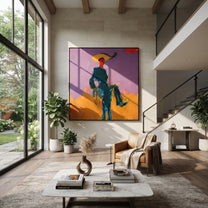 Purple Sky Holds Passage - rider silhouette landscape painting by Ethan Mercer, contemporary Western square wall art – styled room scene view 3