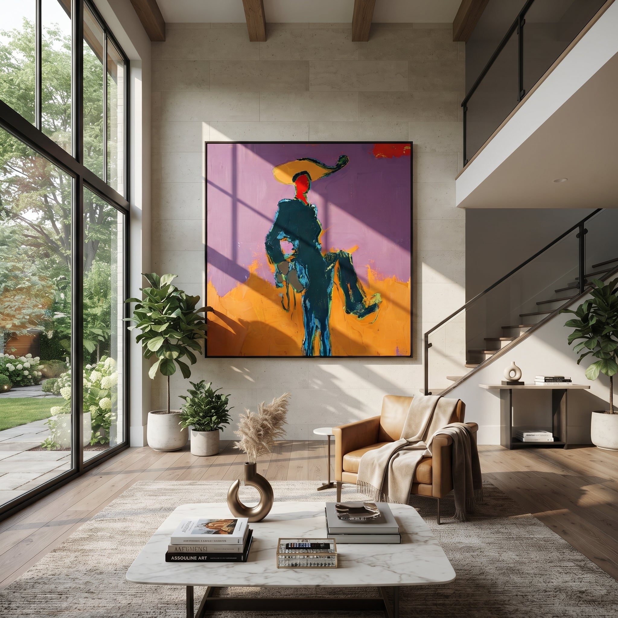 Purple Sky Holds Passage - rider silhouette landscape painting by Ethan Mercer, contemporary Western square wall art – styled room scene view 3
