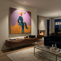 Purple Sky Holds Passage - rider silhouette landscape painting by Ethan Mercer, contemporary Western square wall art – styled room scene view 4