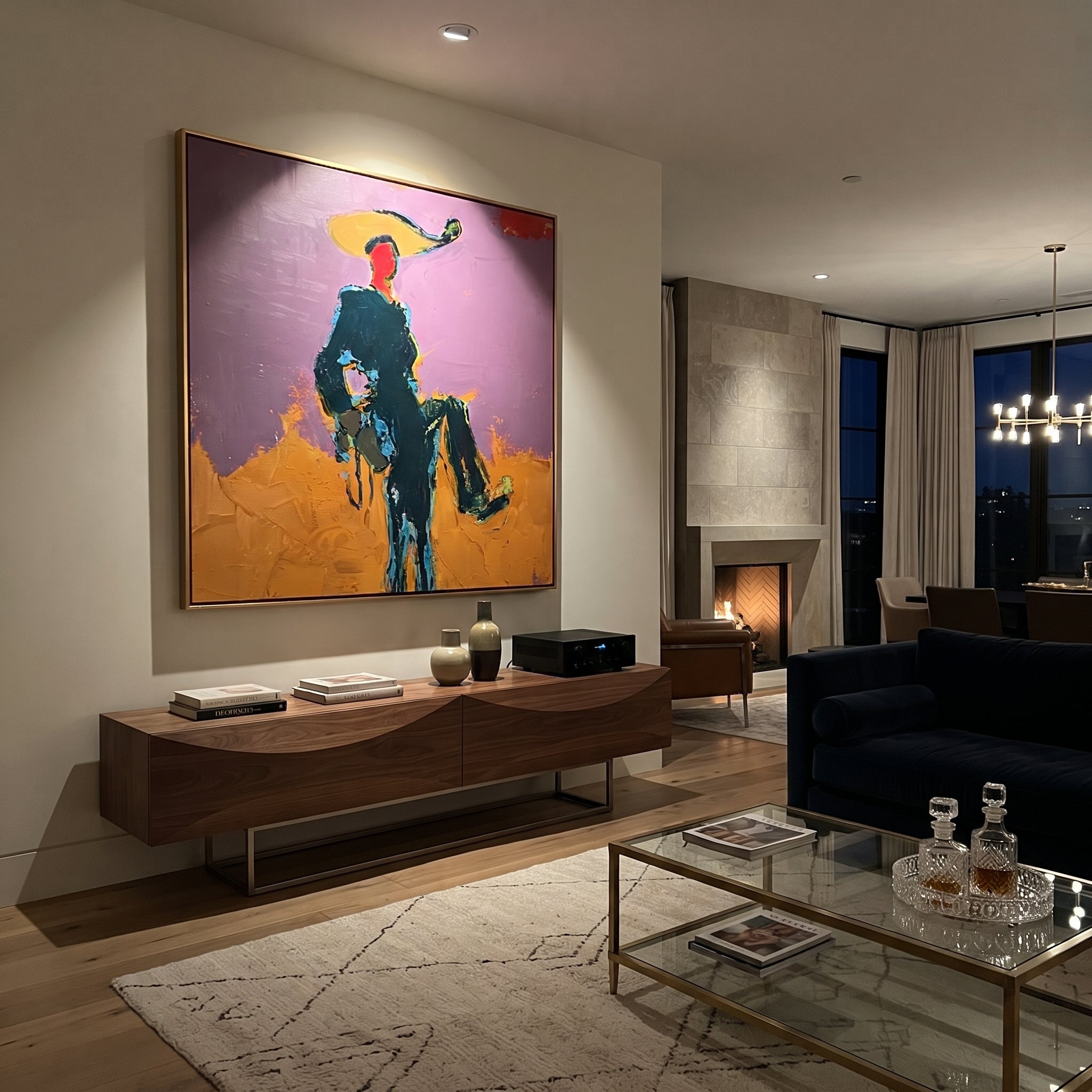Purple Sky Holds Passage - rider silhouette landscape painting by Ethan Mercer, contemporary Western square wall art – styled room scene view 4