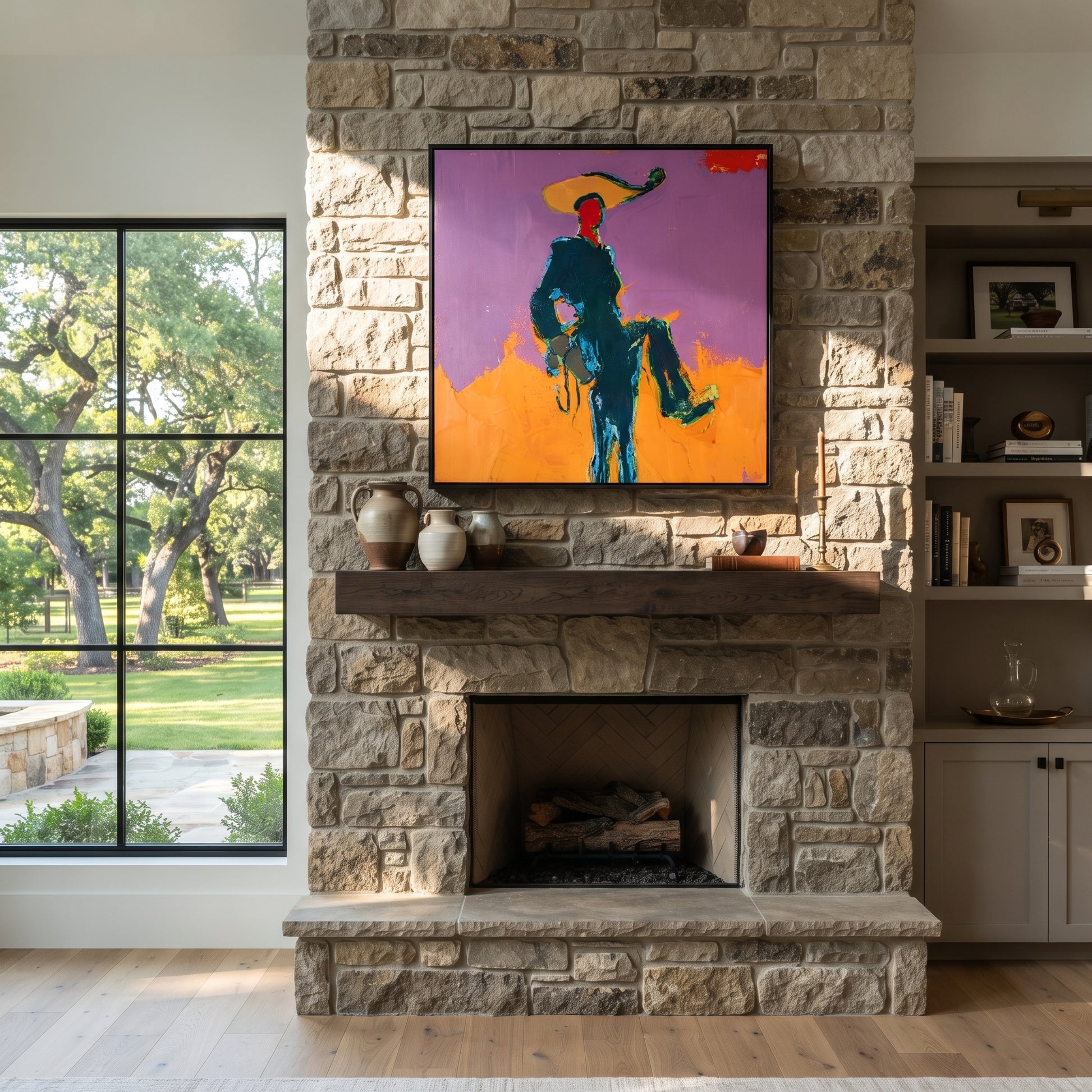 Purple Sky Holds Passage - rider silhouette landscape painting by Ethan Mercer, contemporary Western square wall art – styled room scene view 5