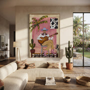 Guitar Warms Pink Courtyard - cowboy guitar portrait painting by Ethan Mercer, contemporary Western vertical wall art – styled room scene view 1