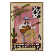 Guitar Warms Pink Courtyard - cowboy guitar portrait painting by Ethan Mercer, contemporary Western vertical wall art – wood frame on white background