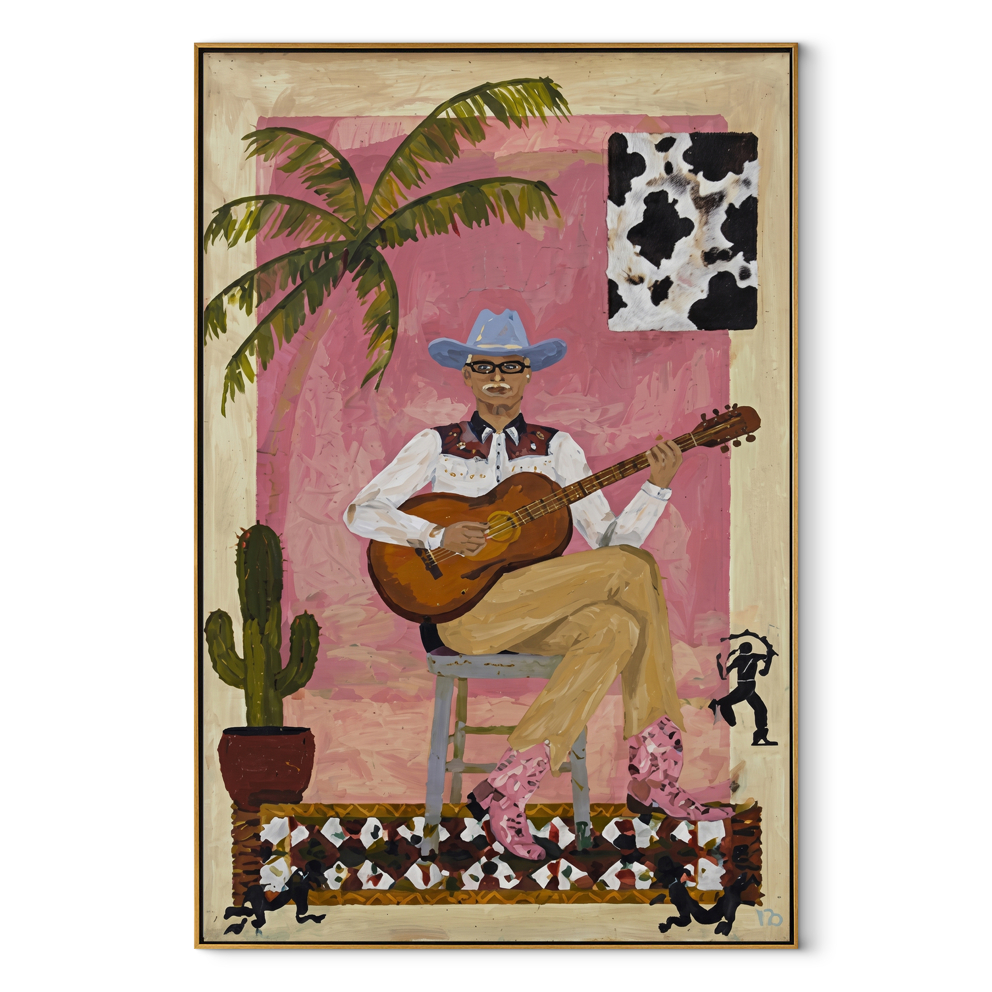 Guitar Warms Pink Courtyard - cowboy guitar portrait painting by Ethan Mercer, contemporary Western vertical wall art – wood frame on white background