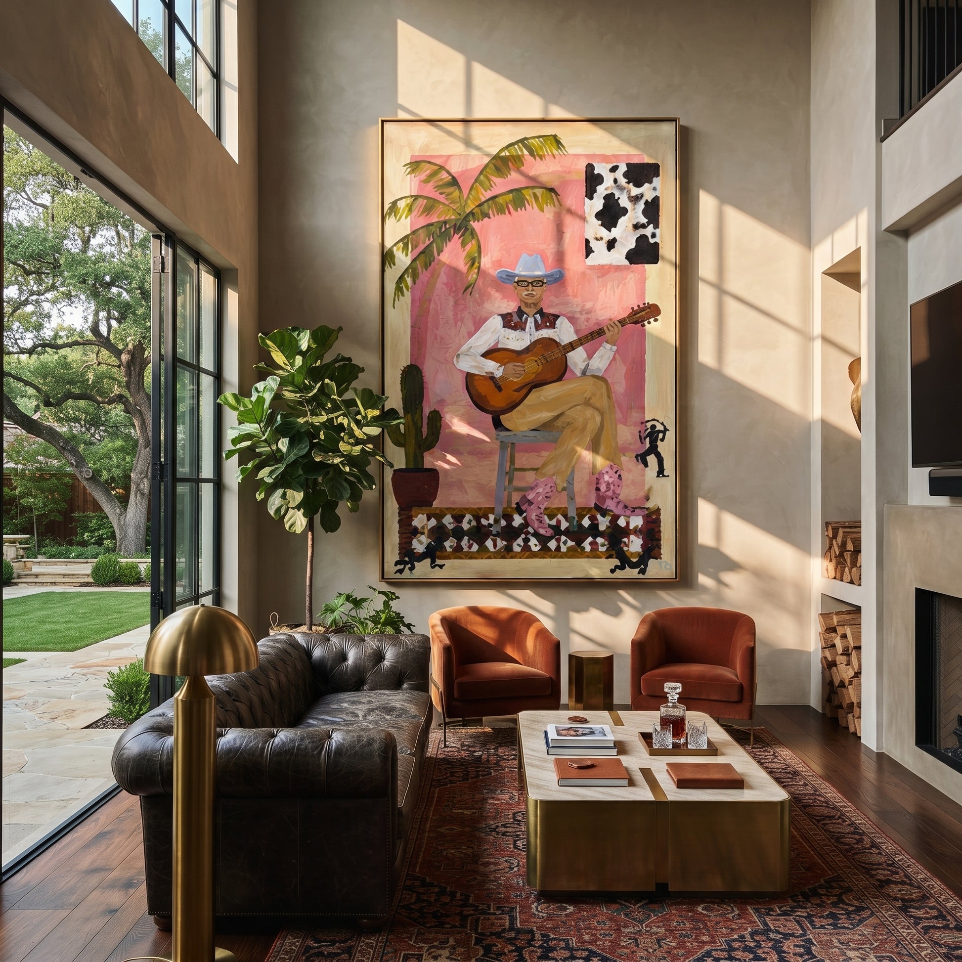 Guitar Warms Pink Courtyard - cowboy guitar portrait painting by Ethan Mercer, contemporary Western vertical wall art – styled room scene view 2