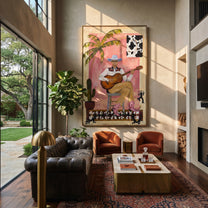 Guitar Warms Pink Courtyard - cowboy guitar portrait painting by Ethan Mercer, contemporary Western vertical wall art – styled room scene view 2