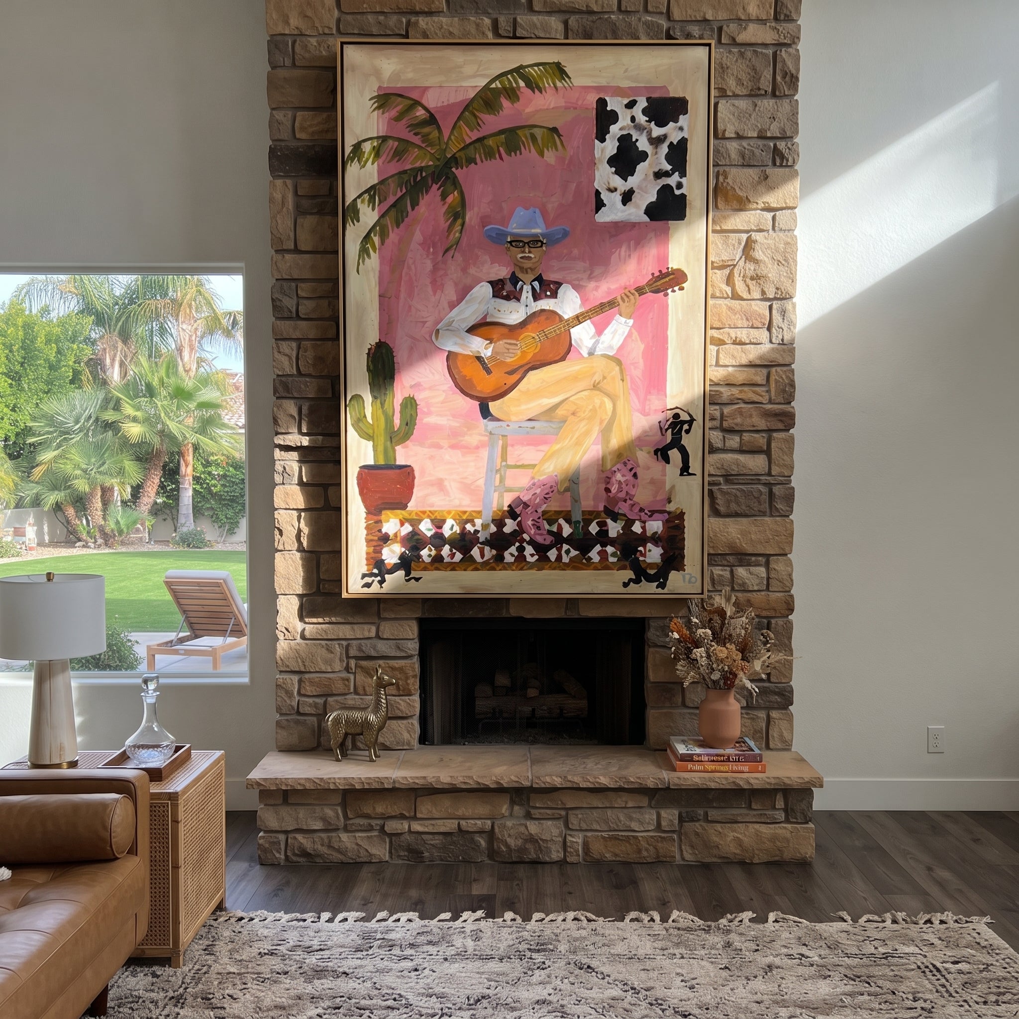 Guitar Warms Pink Courtyard - cowboy guitar portrait painting by Ethan Mercer, contemporary Western vertical wall art – styled room scene view 3