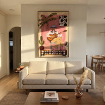 Guitar Warms Pink Courtyard - cowboy guitar portrait painting by Ethan Mercer, contemporary Western vertical wall art – styled room scene view 4