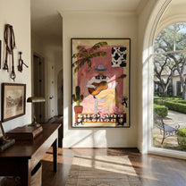 Guitar Warms Pink Courtyard - cowboy guitar portrait painting by Ethan Mercer, contemporary Western vertical wall art – styled room scene view 5