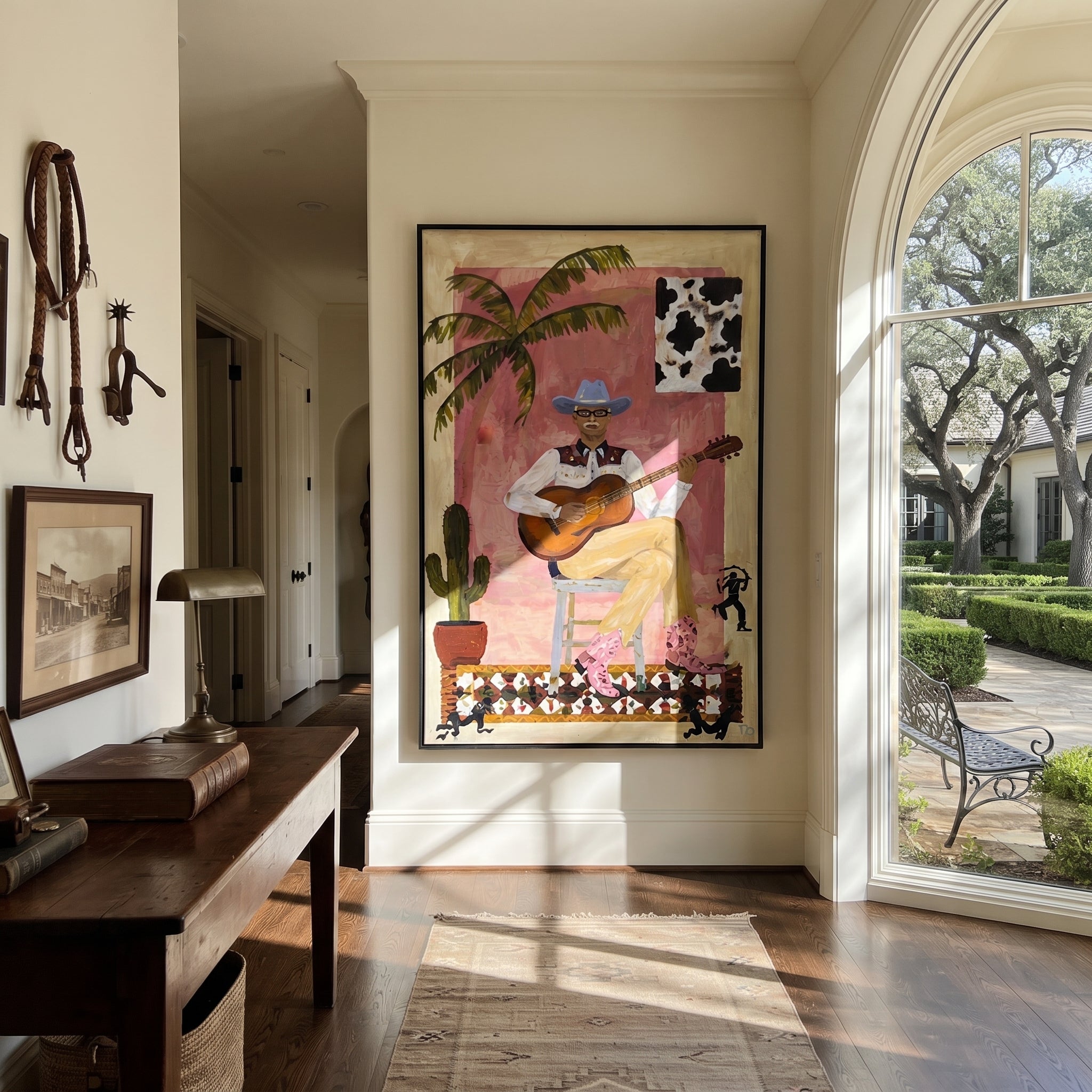 Guitar Warms Pink Courtyard - cowboy guitar portrait painting by Ethan Mercer, contemporary Western vertical wall art – styled room scene view 5