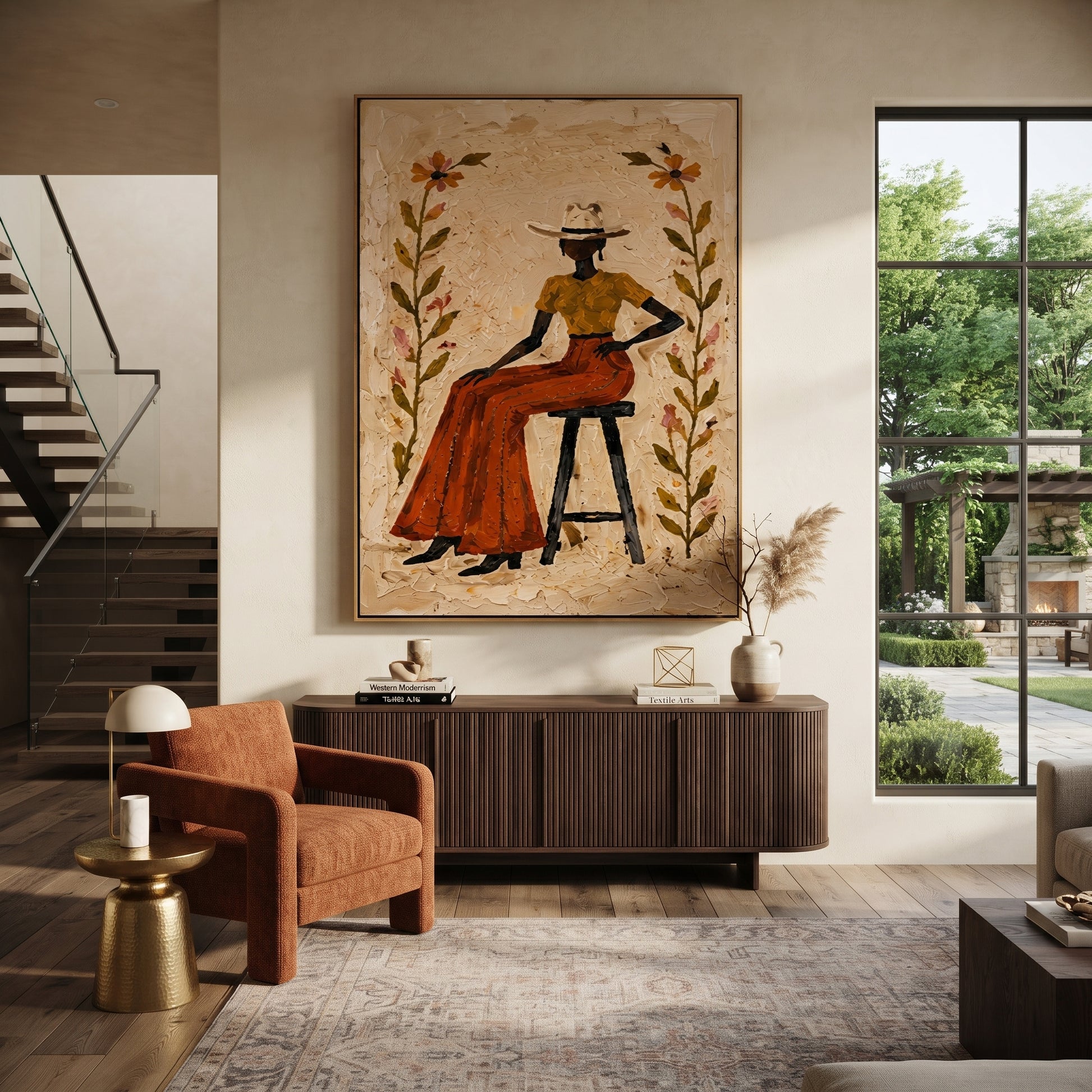 Flowers Guard Terra Skirt - floral cowgirl portrait painting by Ethan Mercer, contemporary Western vertical wall art – styled room scene view 1