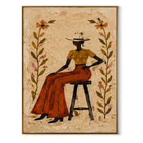 Flowers Guard Terra Skirt - floral cowgirl portrait painting by Ethan Mercer, contemporary Western vertical wall art – wood frame on white background