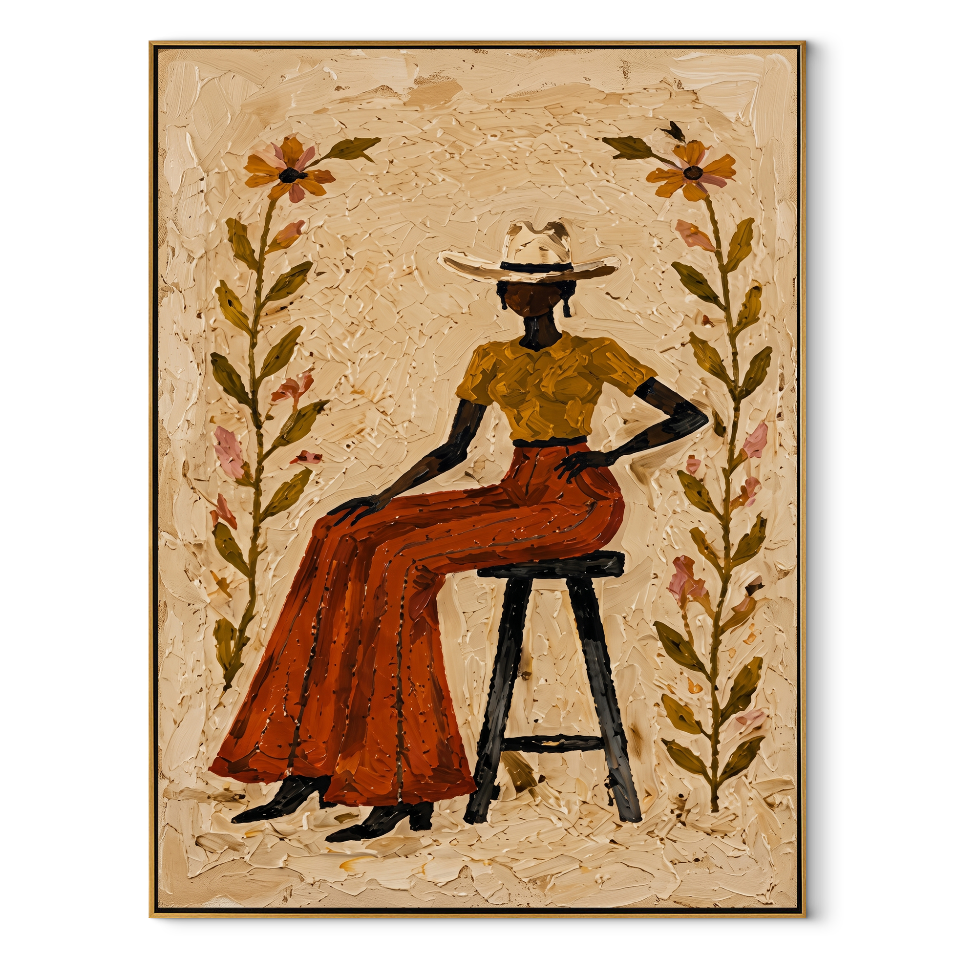 Flowers Guard Terra Skirt - floral cowgirl portrait painting by Ethan Mercer, contemporary Western vertical wall art – wood frame on white background