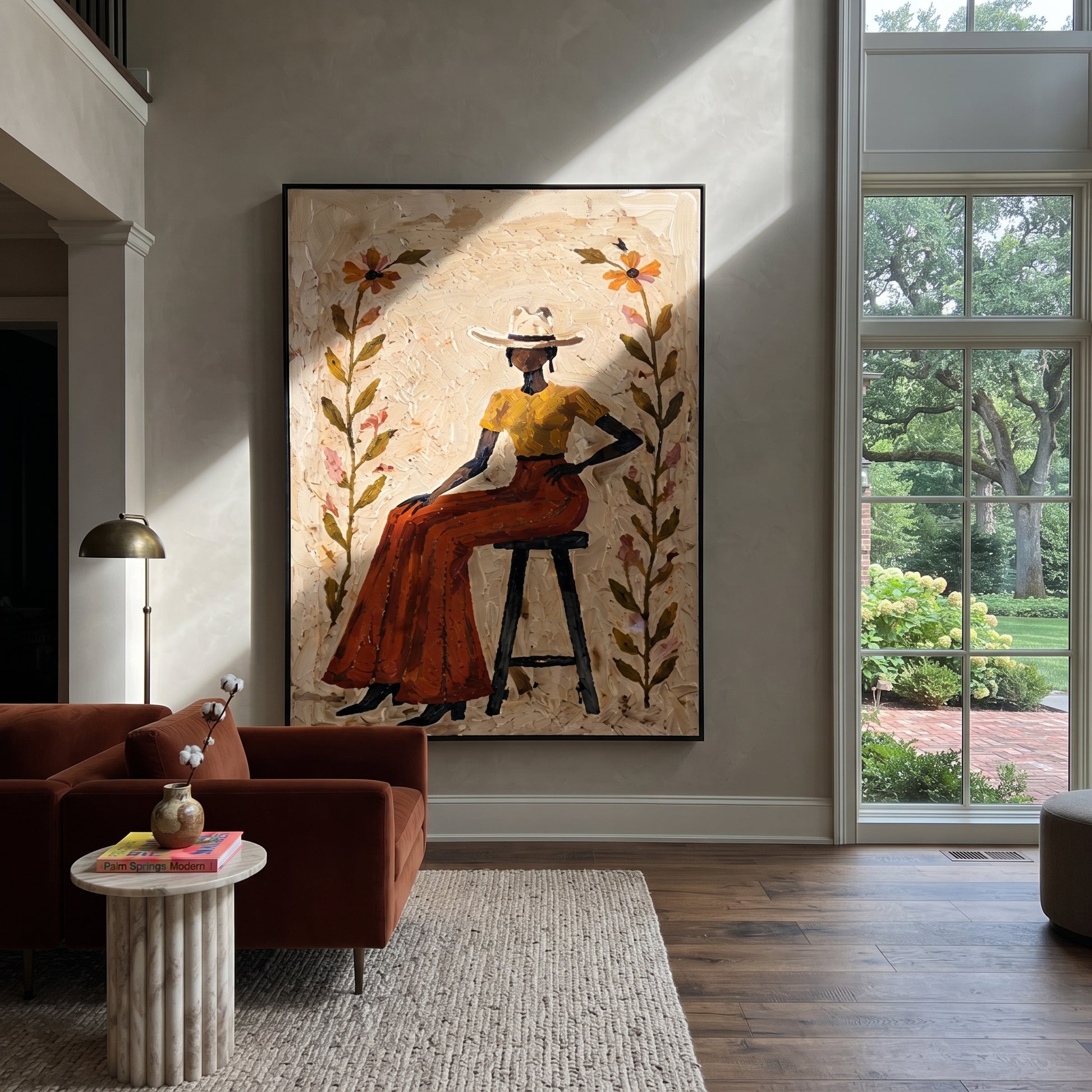 Flowers Guard Terra Skirt - floral cowgirl portrait painting by Ethan Mercer, contemporary Western vertical wall art – styled room scene view 2