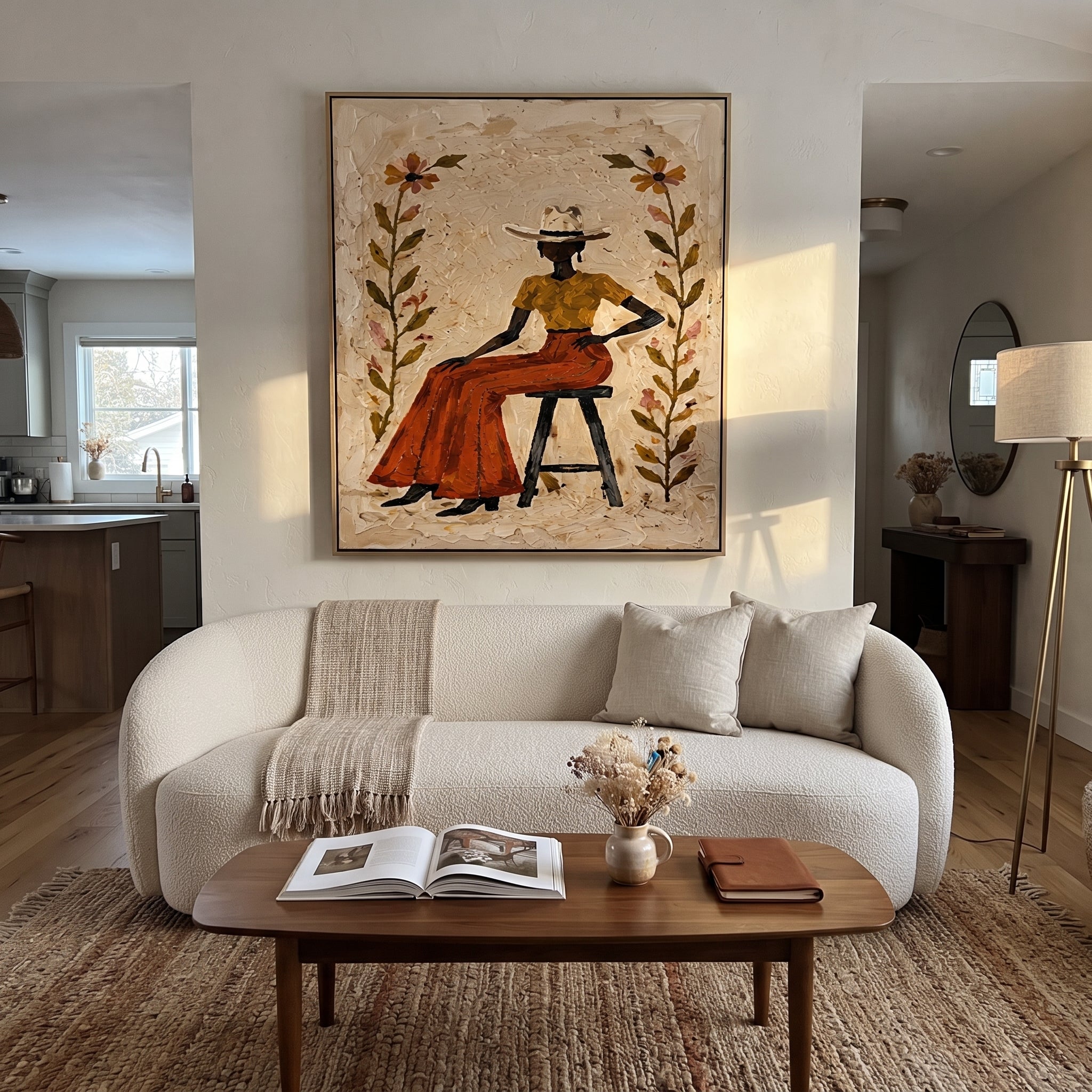 Flowers Guard Terra Skirt - floral cowgirl portrait painting by Ethan Mercer, contemporary Western vertical wall art – styled room scene view 3