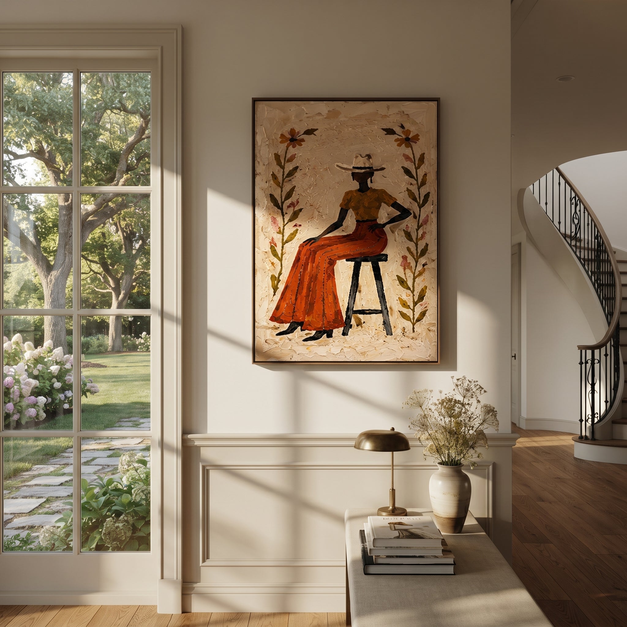 Flowers Guard Terra Skirt - floral cowgirl portrait painting by Ethan Mercer, contemporary Western vertical wall art – styled room scene view 4