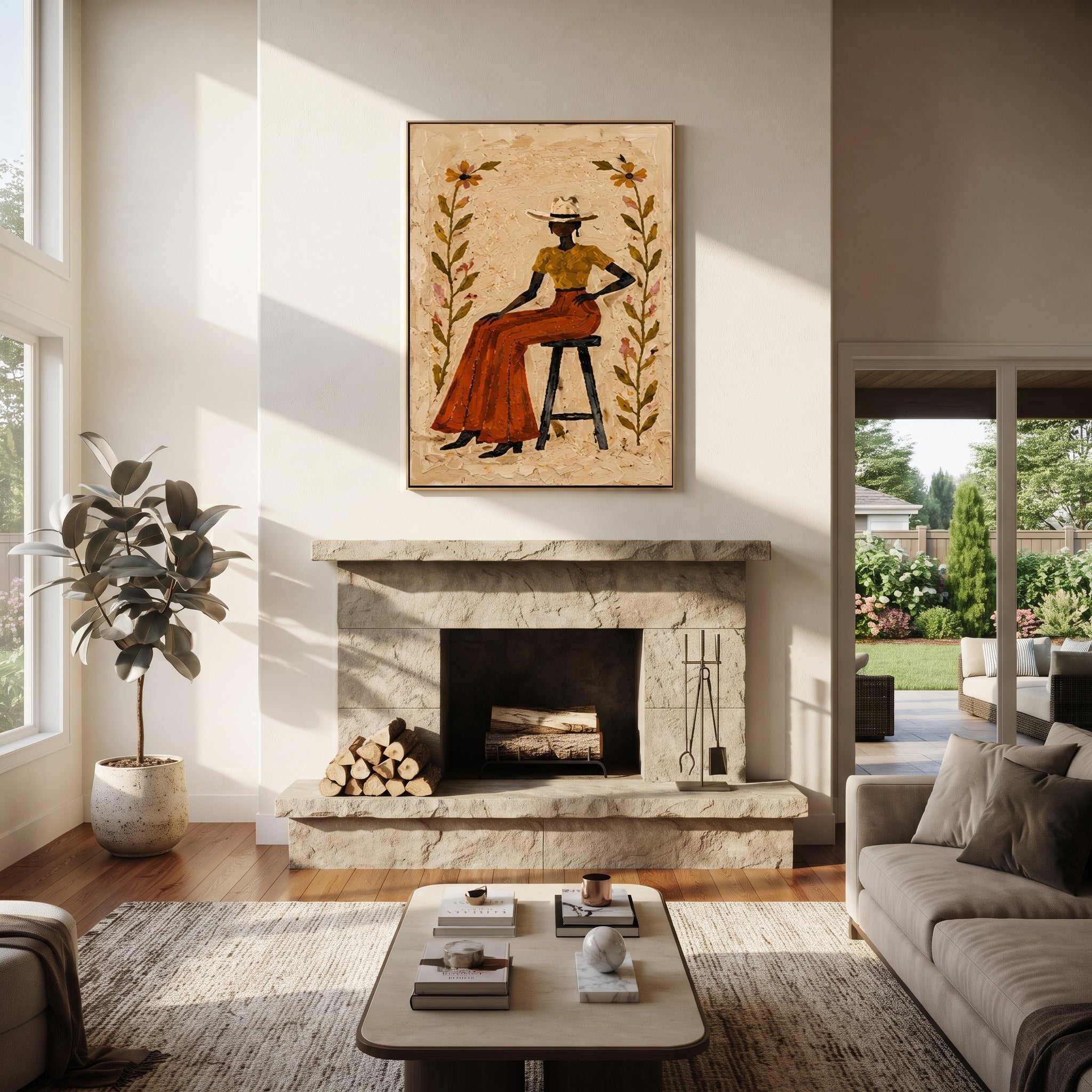 Flowers Guard Terra Skirt - floral cowgirl portrait painting by Ethan Mercer, contemporary Western vertical wall art – styled room scene view 5