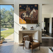 Two Riders Follow Stars - patchwork horse riders painting by Ethan Mercer, contemporary Western square wall art – styled room scene view 1