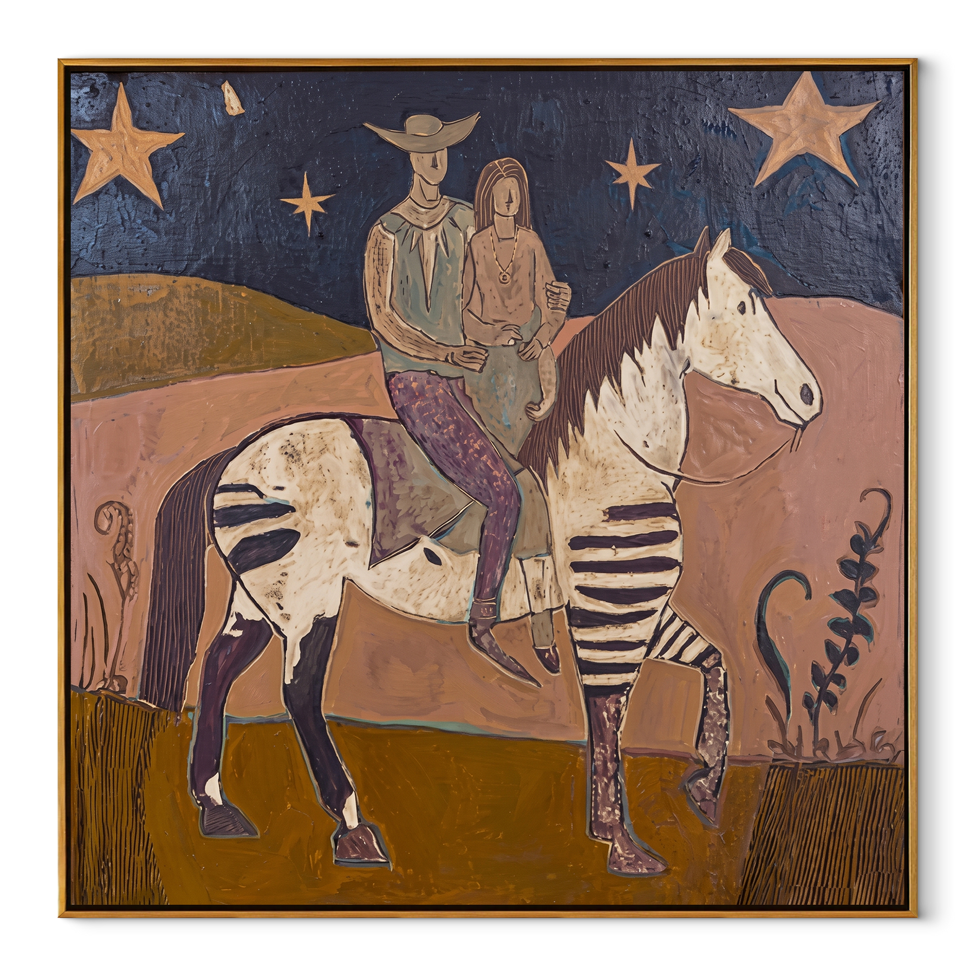 Two Riders Follow Stars - patchwork horse riders painting by Ethan Mercer, contemporary Western square wall art – wood frame on white background
