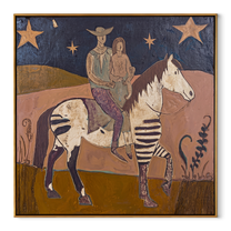 Two Riders Follow Stars - patchwork horse riders painting by Ethan Mercer, contemporary Western square wall art – wood frame on white background