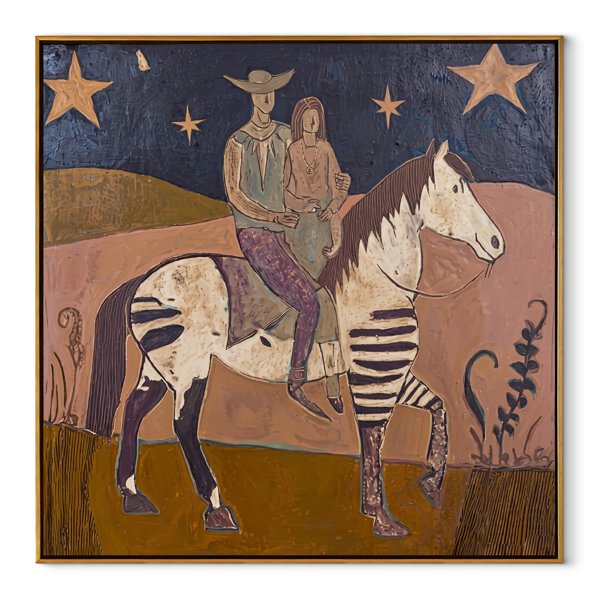 Two Riders Follow Stars - patchwork horse riders painting by Ethan Mercer, contemporary Western square wall art – wood frame on white background