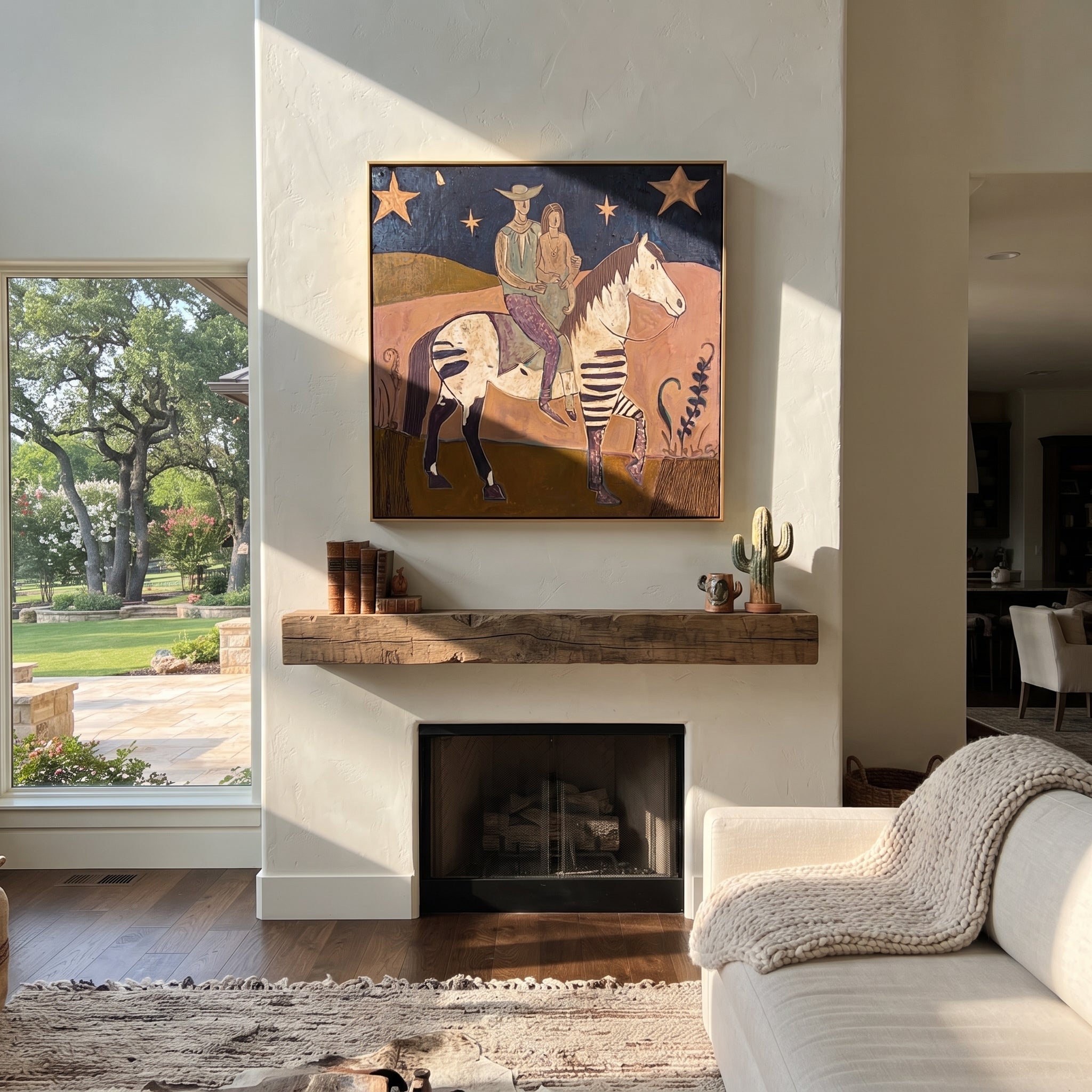 Two Riders Follow Stars - patchwork horse riders painting by Ethan Mercer, contemporary Western square wall art – styled room scene view 2