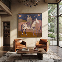 Two Riders Follow Stars - patchwork horse riders painting by Ethan Mercer, contemporary Western square wall art – styled room scene view 3