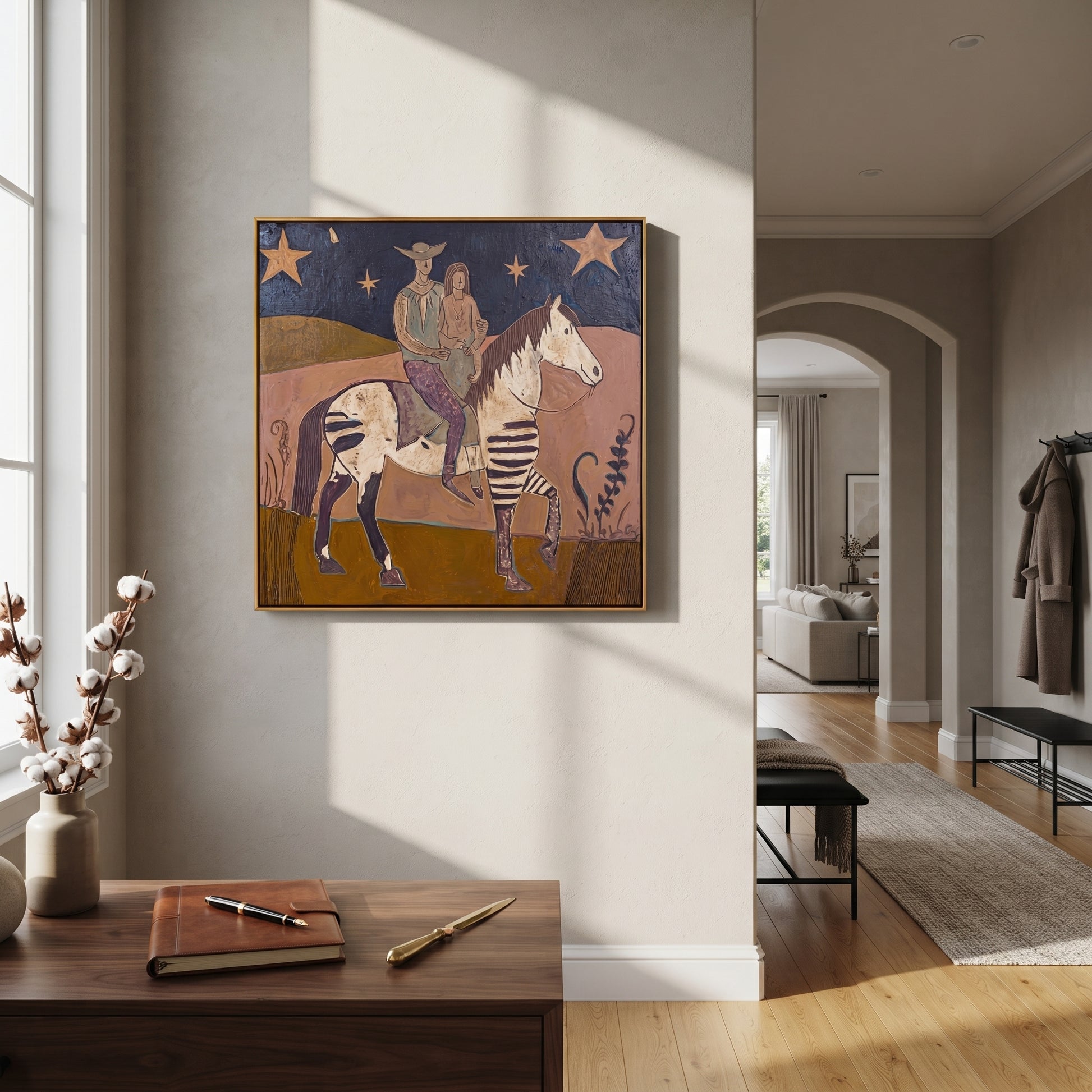 Two Riders Follow Stars - patchwork horse riders painting by Ethan Mercer, contemporary Western square wall art – styled room scene view 4