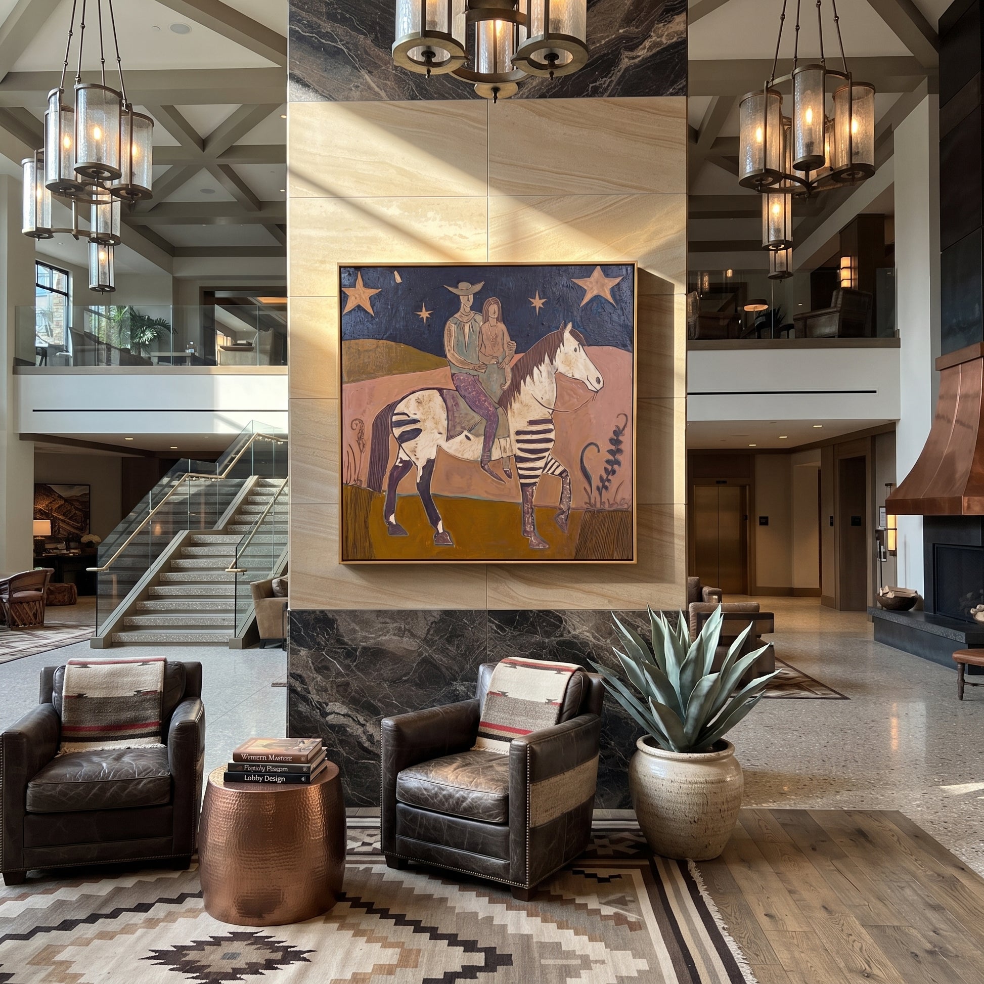 Two Riders Follow Stars - patchwork horse riders painting by Ethan Mercer, contemporary Western square wall art – styled room scene view 5