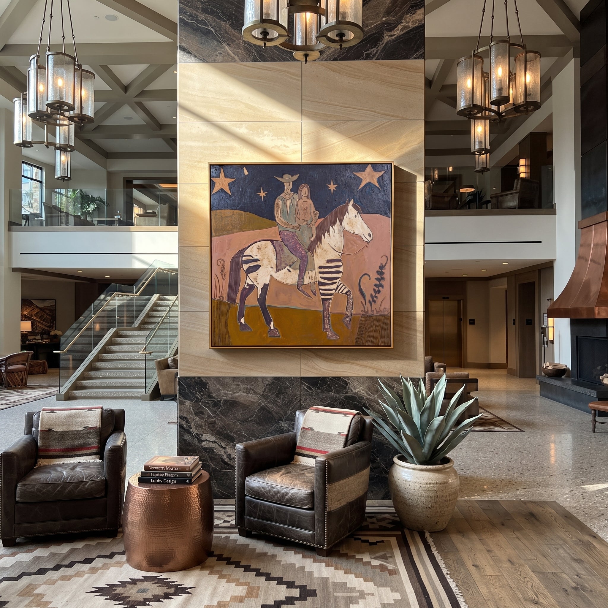 Two Riders Follow Stars - patchwork horse riders painting by Ethan Mercer, contemporary Western square wall art – styled room scene view 5
