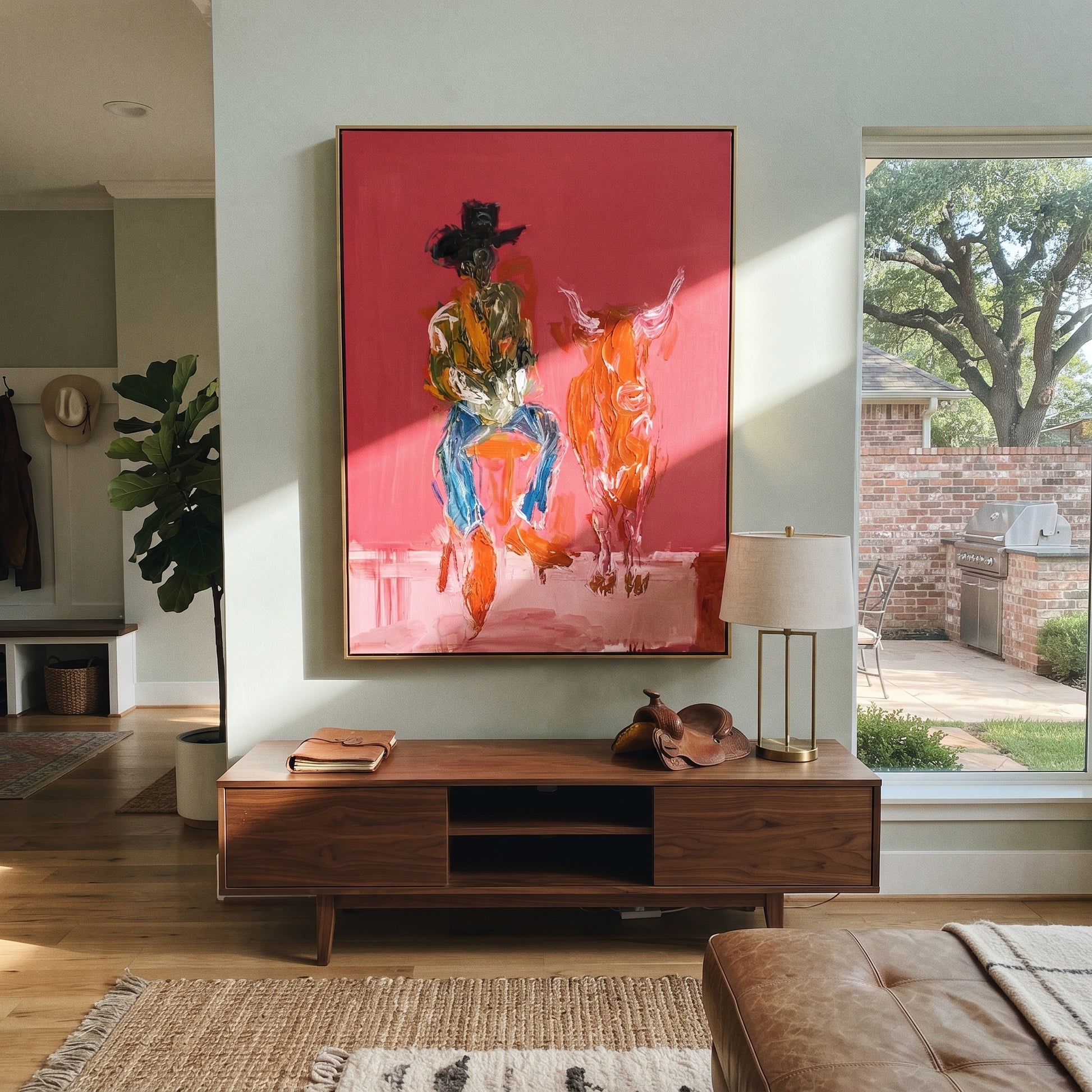 Red Calf Waits Quietly - cowboy and calf painting by Ethan Mercer, contemporary Western vertical wall art – styled room scene view 1