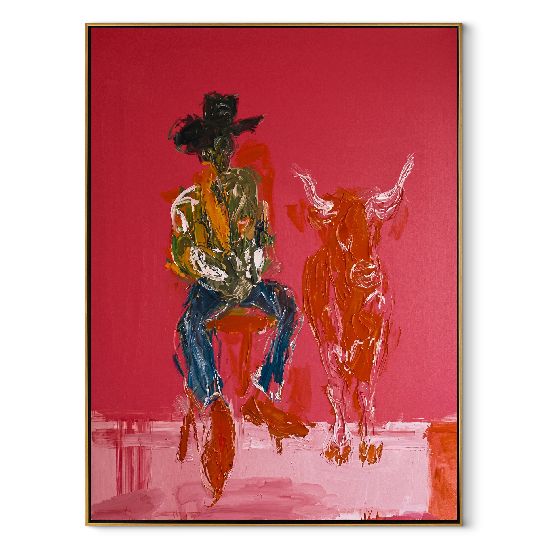 Red Calf Waits Quietly - cowboy and calf painting by Ethan Mercer, contemporary Western vertical wall art – wood frame on white background