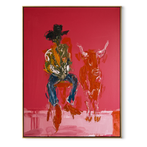 Red Calf Waits Quietly - cowboy and calf painting by Ethan Mercer, contemporary Western vertical wall art – wood frame on white background