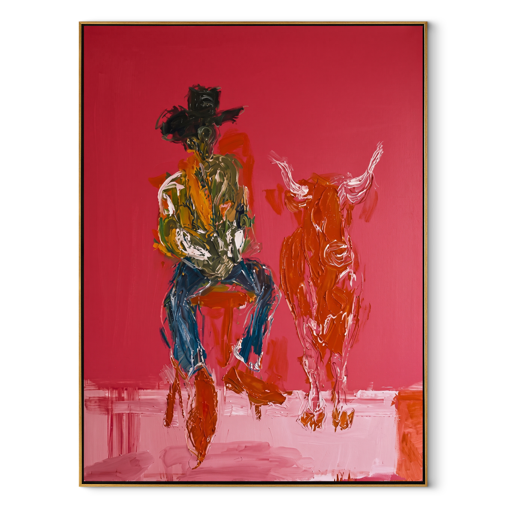 Red Calf Waits Quietly - cowboy and calf painting by Ethan Mercer, contemporary Western vertical wall art – wood frame on white background