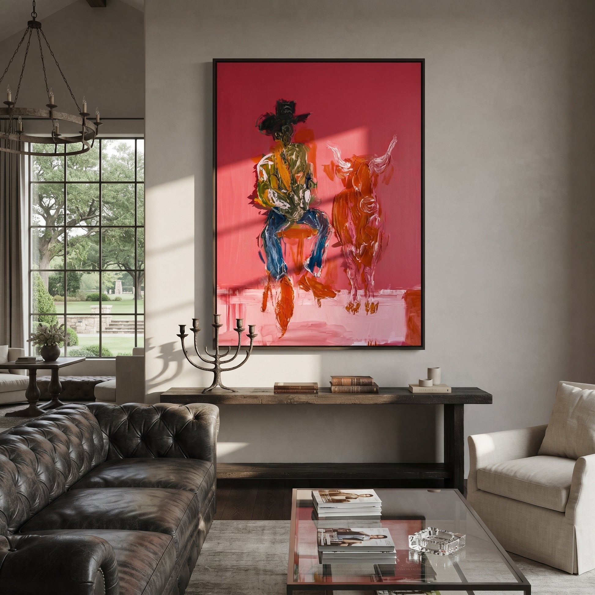 Red Calf Waits Quietly - cowboy and calf painting by Ethan Mercer, contemporary Western vertical wall art – styled room scene view 2