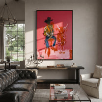 Red Calf Waits Quietly - cowboy and calf painting by Ethan Mercer, contemporary Western vertical wall art – styled room scene view 2