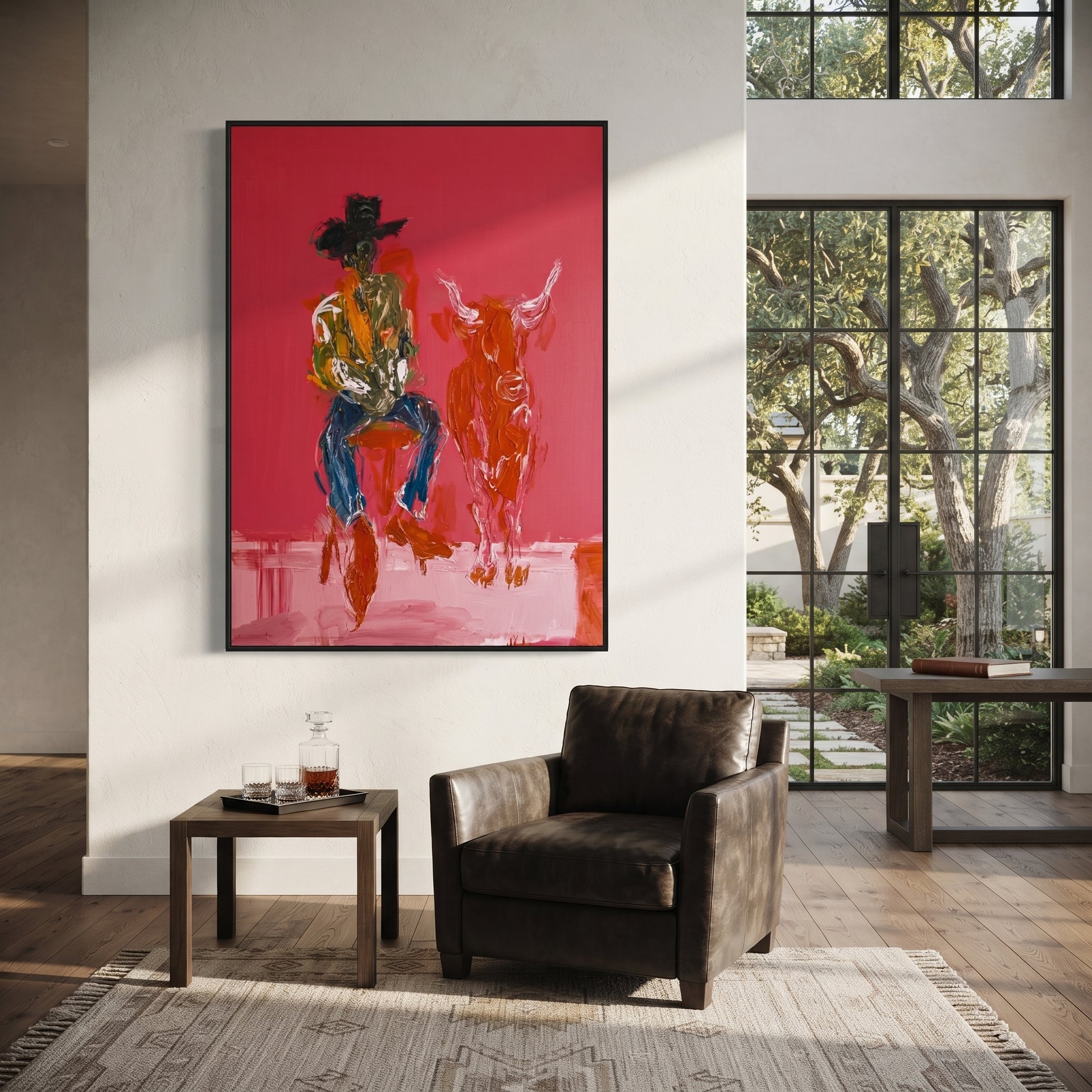 Red Calf Waits Quietly - cowboy and calf painting by Ethan Mercer, contemporary Western vertical wall art – styled room scene view 3