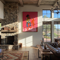 Red Calf Waits Quietly - cowboy and calf painting by Ethan Mercer, contemporary Western vertical wall art – styled room scene view 4