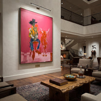 Red Calf Waits Quietly - cowboy and calf painting by Ethan Mercer, contemporary Western vertical wall art – styled room scene view 5