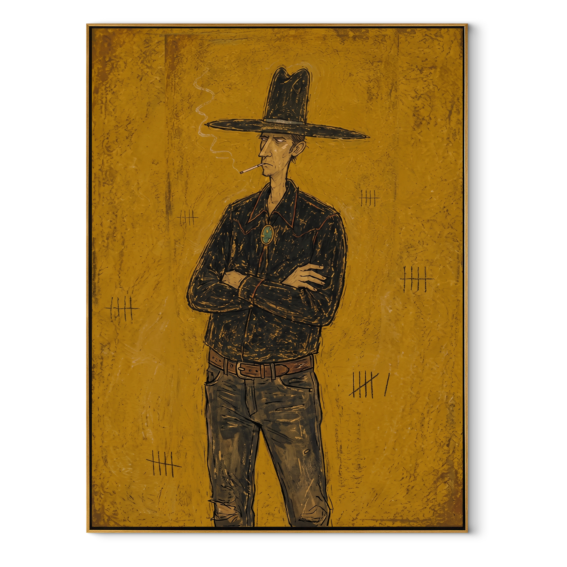 Black Hat Counts Time - standing cowboy portrait painting by Ethan Mercer, contemporary Western vertical wall art – wood frame on white background
