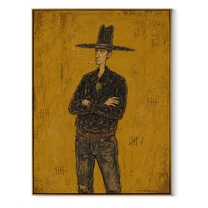 Black Hat Counts Time - standing cowboy portrait painting by Ethan Mercer, contemporary Western vertical wall art – wood frame on white background