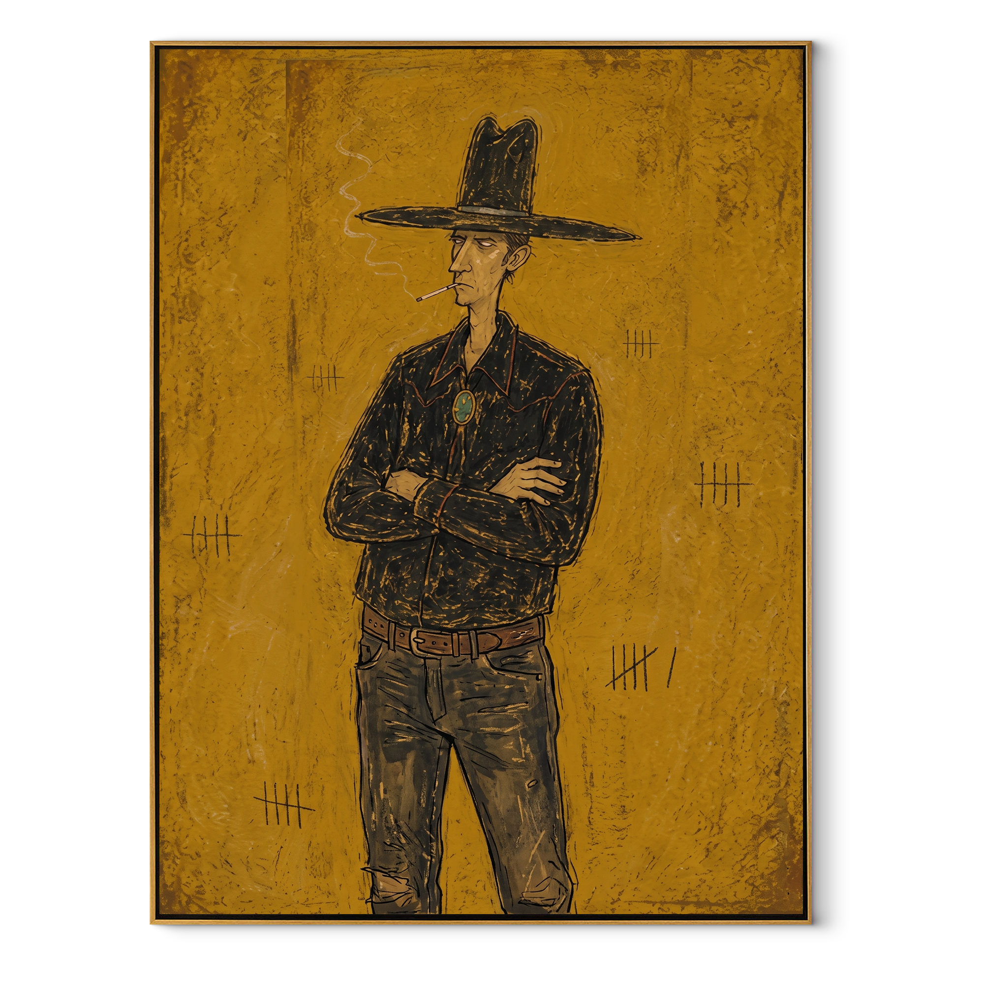 Black Hat Counts Time - standing cowboy portrait painting by Ethan Mercer, contemporary Western vertical wall art – wood frame on white background