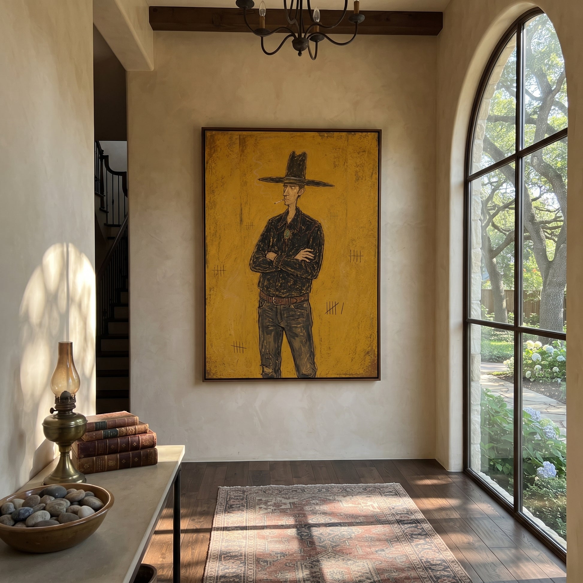 Black Hat Counts Time - standing cowboy portrait painting by Ethan Mercer, contemporary Western vertical wall art – styled room scene view 2