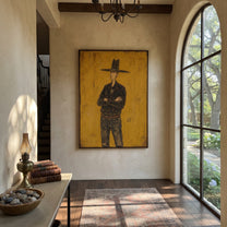 Black Hat Counts Time - standing cowboy portrait painting by Ethan Mercer, contemporary Western vertical wall art – styled room scene view 2