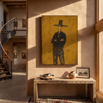 Black Hat Counts Time - standing cowboy portrait painting by Ethan Mercer, contemporary Western vertical wall art – styled room scene view 3